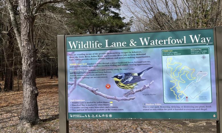 Trail sign at Millwood State Park. 